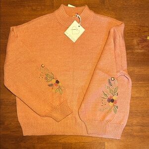 Nordstrom by Design Rose Dawn Knit Sweater with Floral Sleeve Embroidery XL